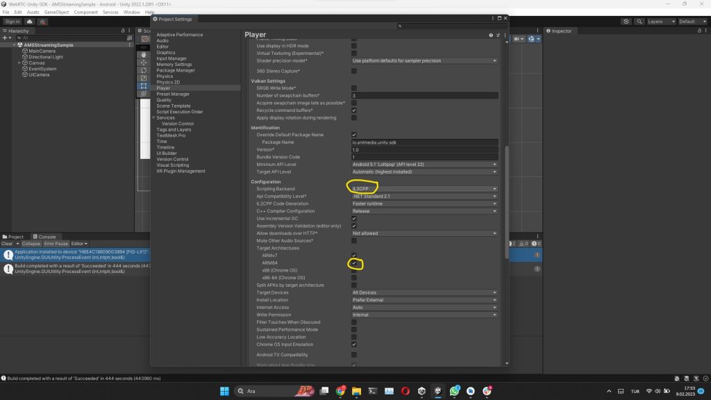 Unity WebRTC SDK Android Build Settings