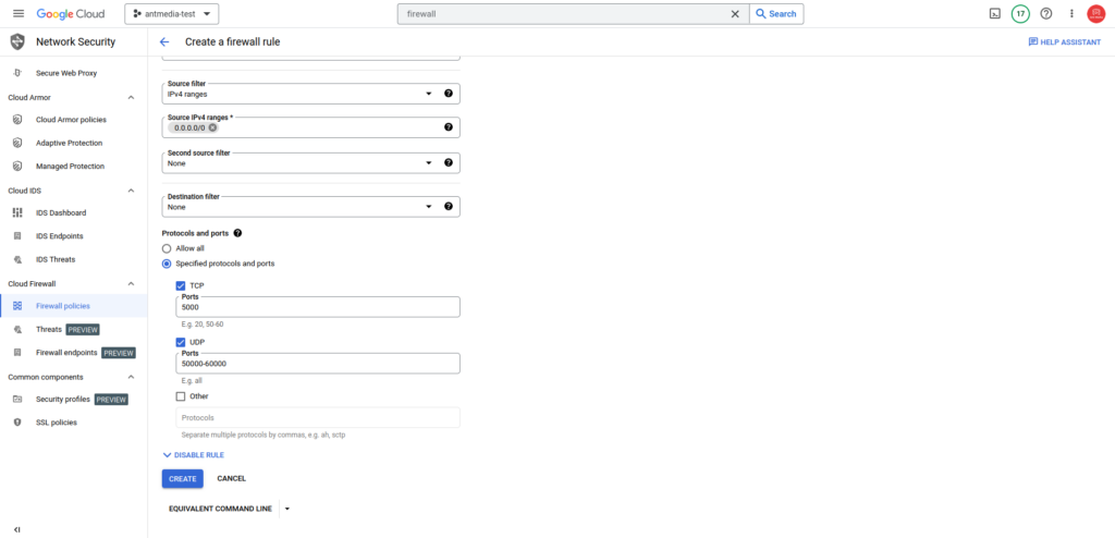 firewall rule ant media google cloud