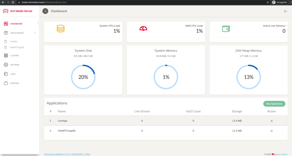 ant media server dashboard