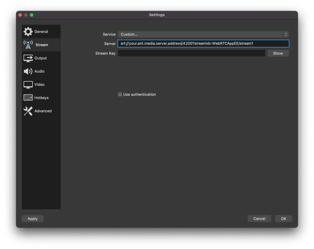 SRT configuration for OBS