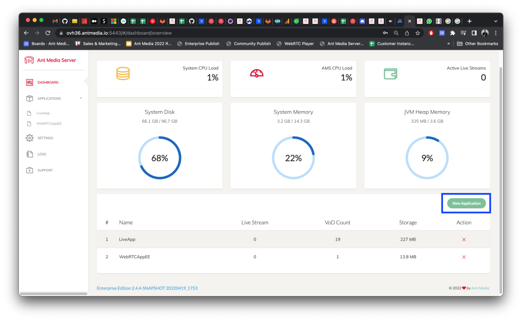 Ant Media Server Dashboard