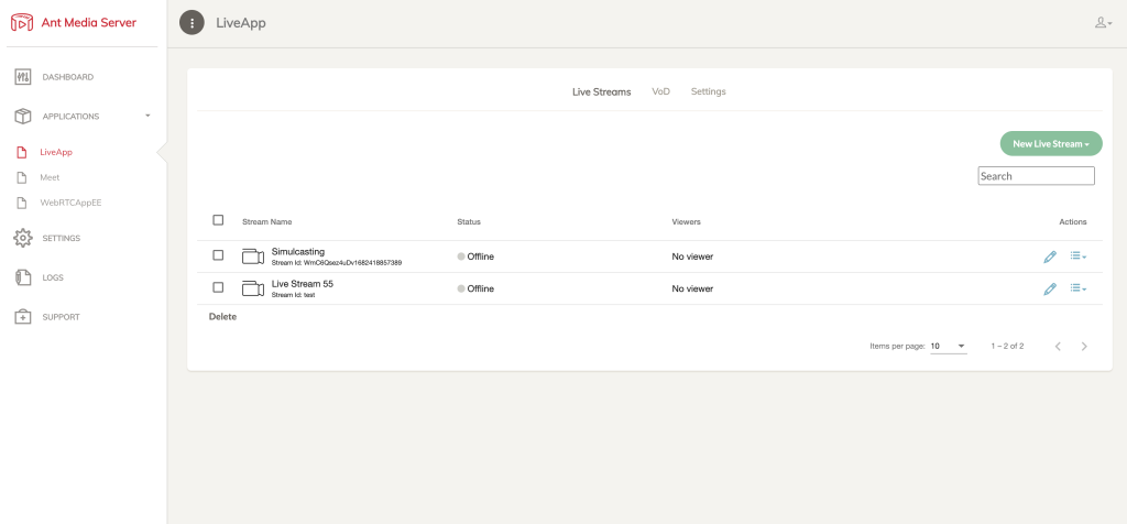 Ant Media Server Application Live Streams